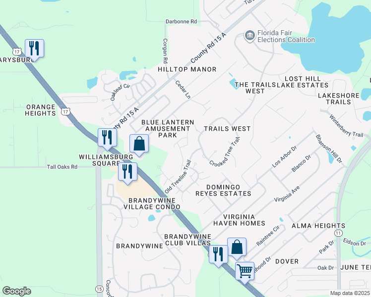 map of restaurants, bars, coffee shops, grocery stores, and more near 405 Secluded Oaks Trail in DeLand