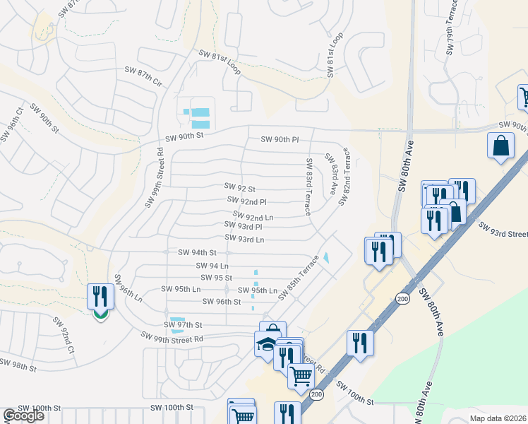 map of restaurants, bars, coffee shops, grocery stores, and more near 8580 Southwest 92nd Place in Ocala