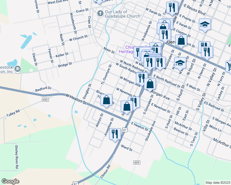 map of restaurants, bars, coffee shops, grocery stores, and more near 514 Grant Street in Cuero