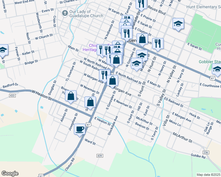 map of restaurants, bars, coffee shops, grocery stores, and more near 307 South Esplanade Street in Cuero