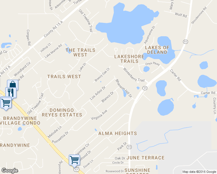 map of restaurants, bars, coffee shops, grocery stores, and more near 124 Los Arbor Drive in DeLand