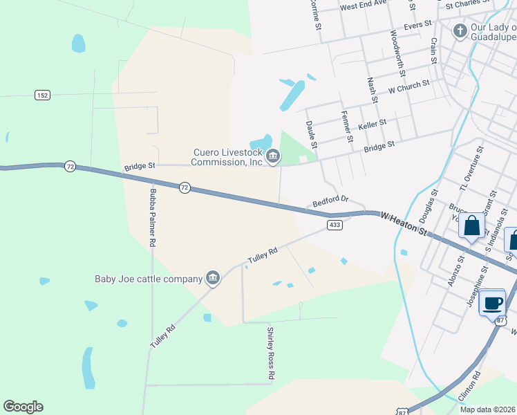 map of restaurants, bars, coffee shops, grocery stores, and more near 1857 Rosie Dunn Road in Cuero