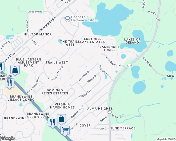 map of restaurants, bars, coffee shops, grocery stores, and more near 121 Los Arbor Drive in DeLand