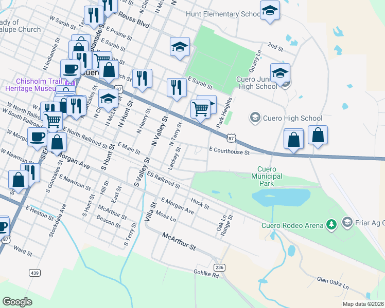 map of restaurants, bars, coffee shops, grocery stores, and more near 1008 East Church Street in Cuero