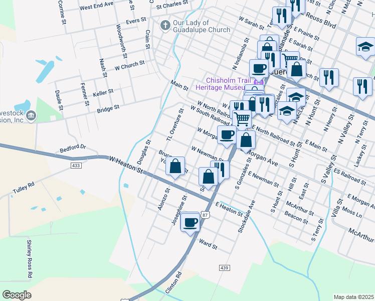 map of restaurants, bars, coffee shops, grocery stores, and more near 514 Grant Street in Cuero