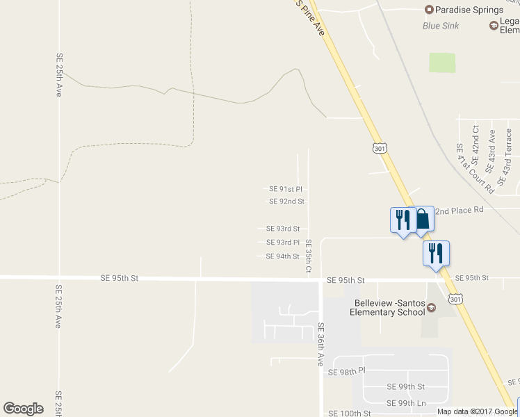 map of restaurants, bars, coffee shops, grocery stores, and more near 3344 Southeast 92nd Street in Ocala