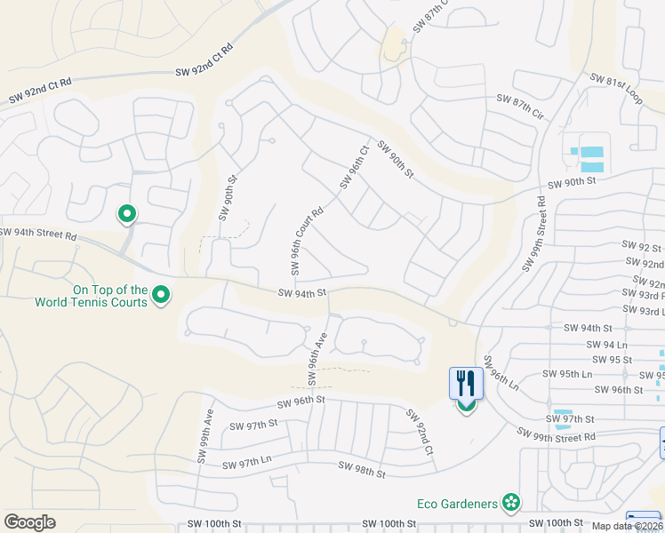 map of restaurants, bars, coffee shops, grocery stores, and more near 9485 Southwest 92nd Street Road in Ocala