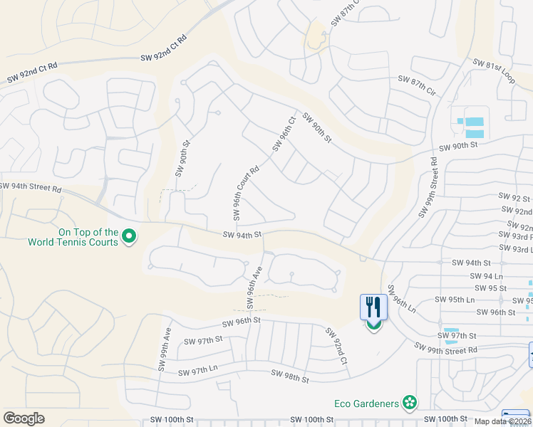 map of restaurants, bars, coffee shops, grocery stores, and more near 9485 Southwest 92nd Street Road in Ocala