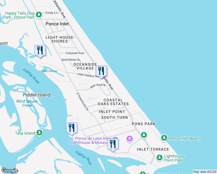 map of restaurants, bars, coffee shops, grocery stores, and more near 10 Mar Azul North in Ponce Inlet