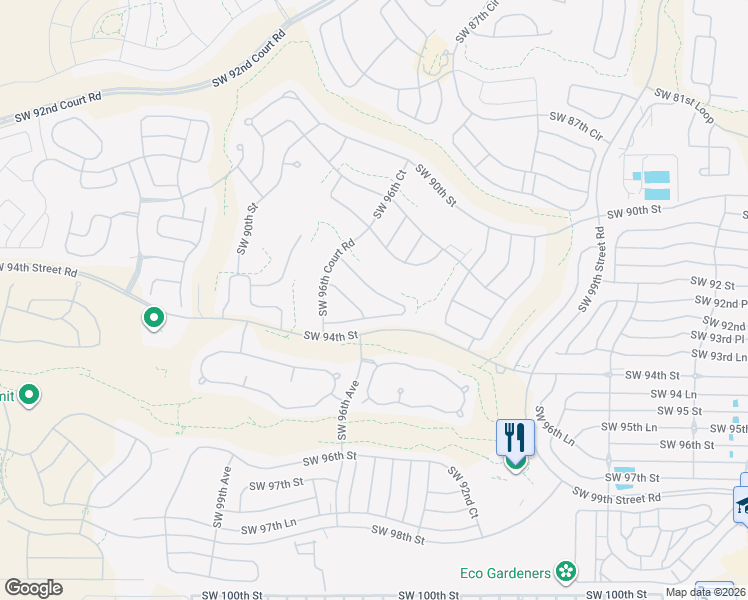 map of restaurants, bars, coffee shops, grocery stores, and more near 9485 Southwest 92nd Street Road in Ocala