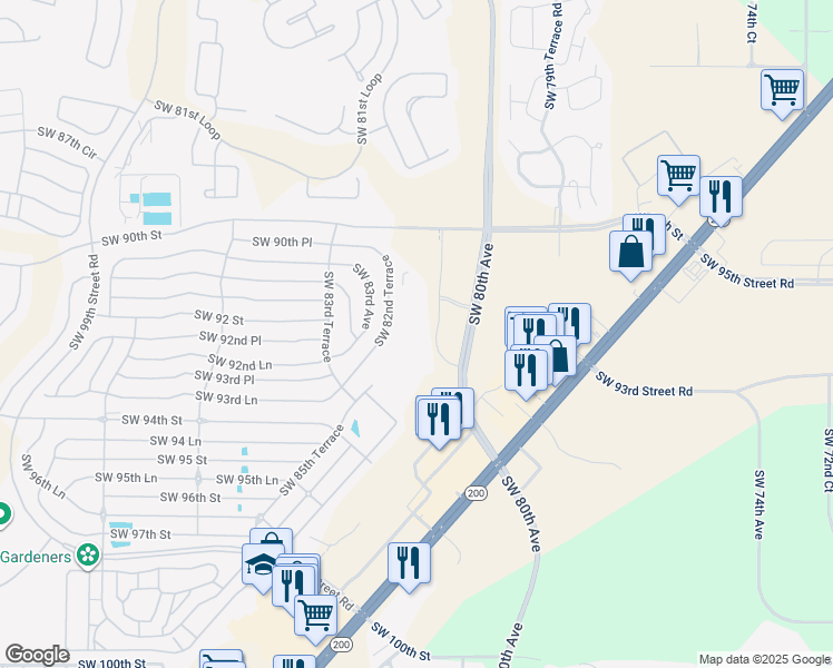map of restaurants, bars, coffee shops, grocery stores, and more near 9280 Southwest 81st Court in Ocala