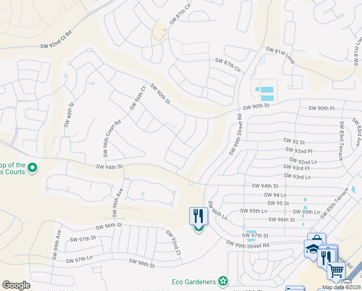 map of restaurants, bars, coffee shops, grocery stores, and more near 9300 Southwest 92nd Lane in Ocala