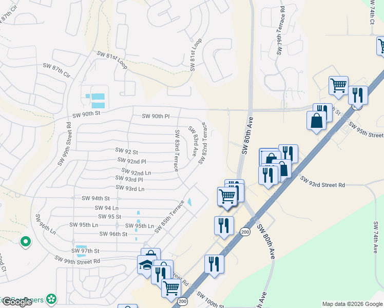 map of restaurants, bars, coffee shops, grocery stores, and more near 9237 Southwest 83rd Avenue in Ocala