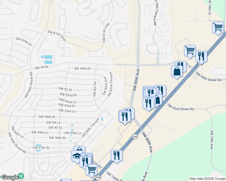 map of restaurants, bars, coffee shops, grocery stores, and more near 9157 Southwest 82nd Terrace in Ocala