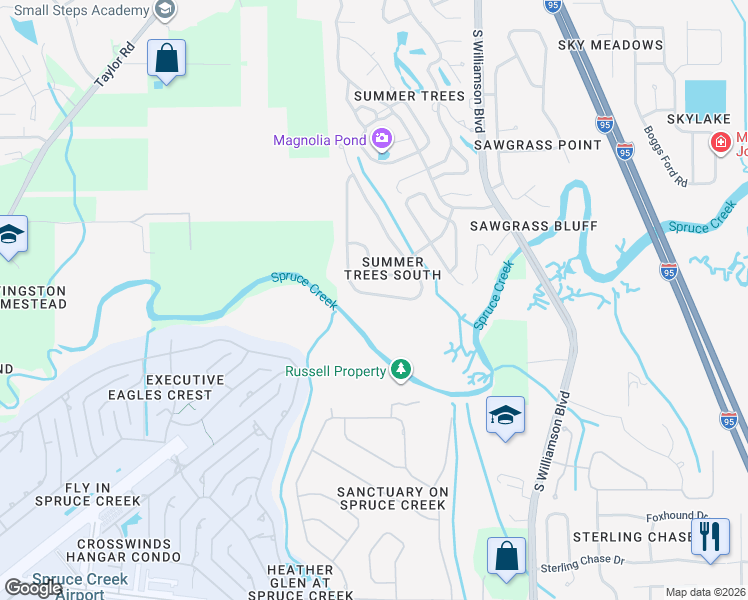 map of restaurants, bars, coffee shops, grocery stores, and more near 1310 Shadow Path Drive in Port Orange