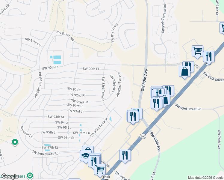 map of restaurants, bars, coffee shops, grocery stores, and more near 9237 Southwest 83rd Avenue in Ocala