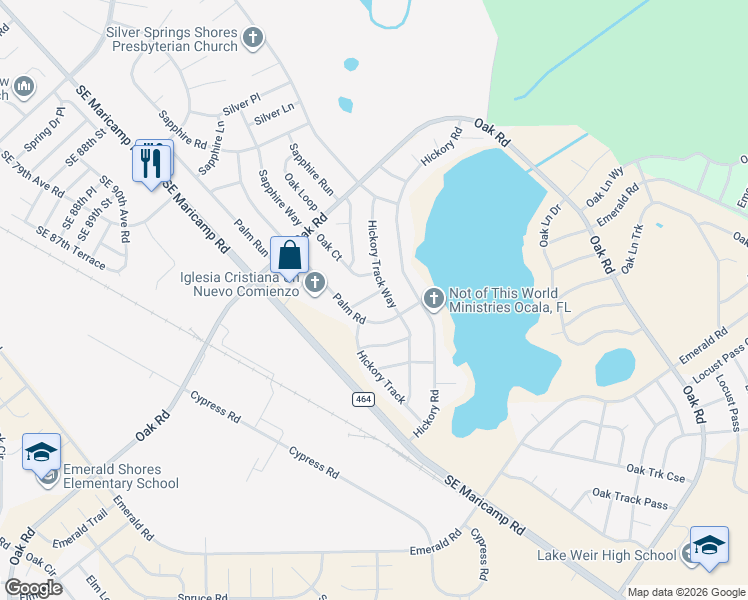 map of restaurants, bars, coffee shops, grocery stores, and more near 31 Hickory Track Way in Ocala