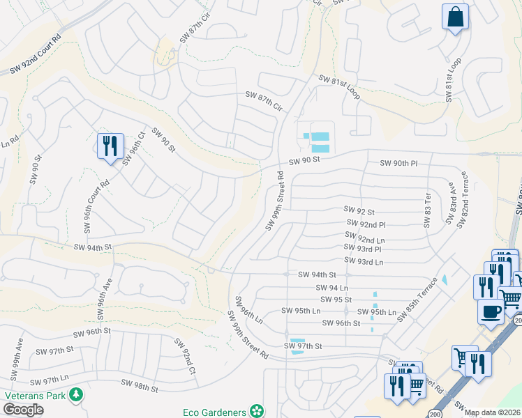 map of restaurants, bars, coffee shops, grocery stores, and more near 9134 Southwest 91st Court Road in Ocala