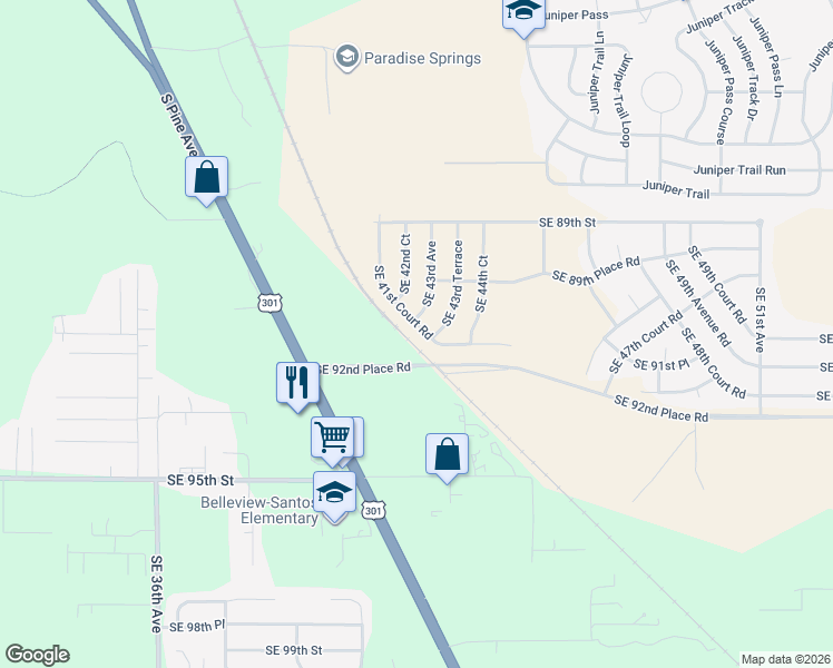 map of restaurants, bars, coffee shops, grocery stores, and more near Southeast 41st Court Road in Ocala