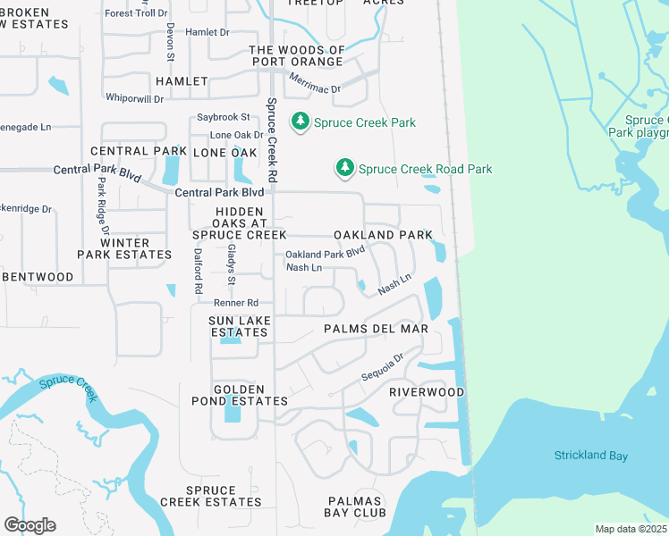 map of restaurants, bars, coffee shops, grocery stores, and more near Nash Lane in Port Orange