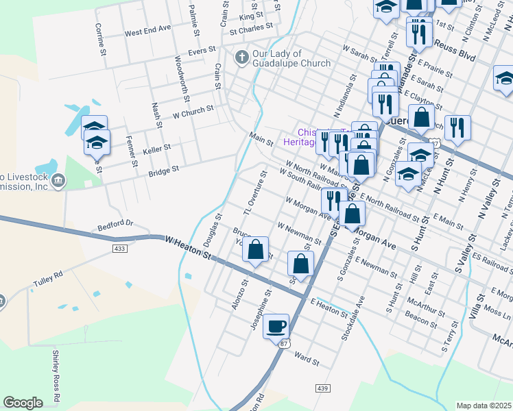 map of restaurants, bars, coffee shops, grocery stores, and more near 29 TL Overture Street in Cuero