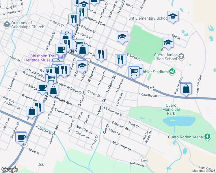 map of restaurants, bars, coffee shops, grocery stores, and more near 702 East Courthouse Street in Cuero