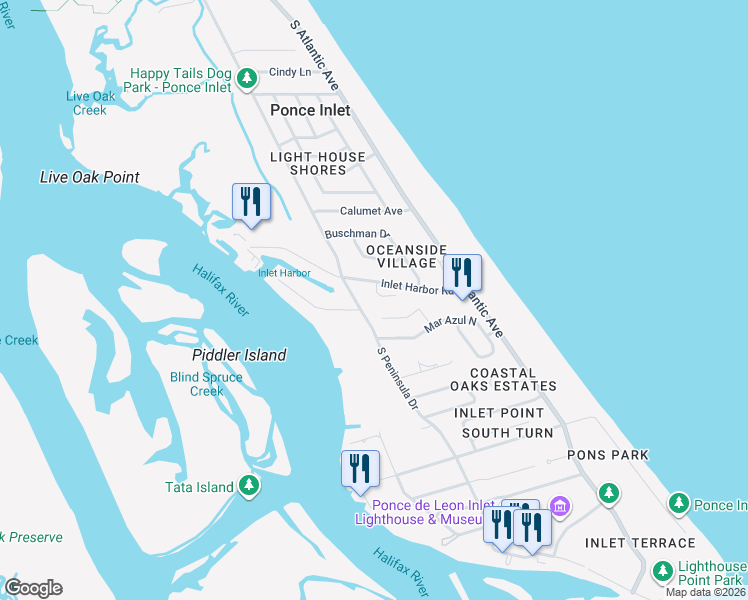 map of restaurants, bars, coffee shops, grocery stores, and more near 1 Kelly Bea Court in Ponce Inlet