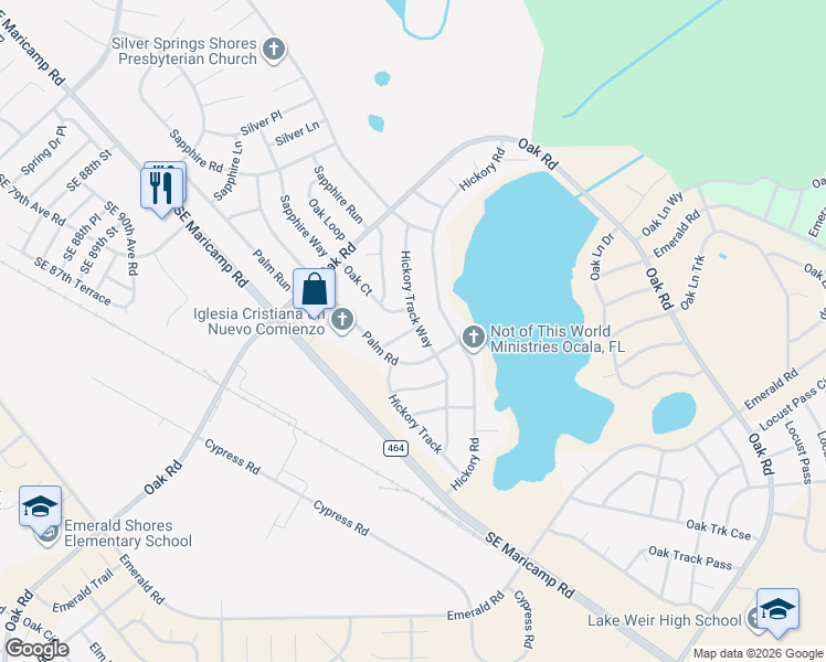 map of restaurants, bars, coffee shops, grocery stores, and more near 1 Hickory Track Run in Ocala