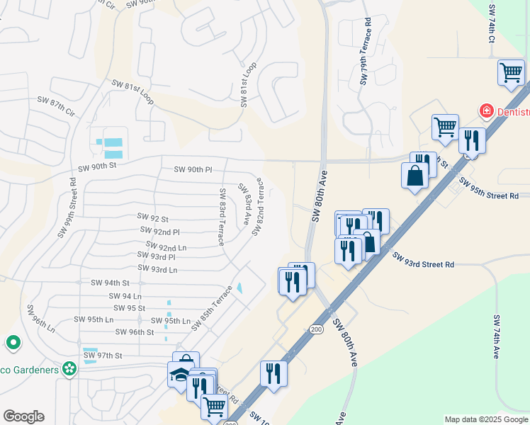 map of restaurants, bars, coffee shops, grocery stores, and more near 9157 Southwest 82nd Terrace in Ocala