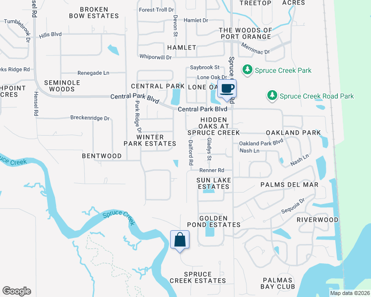 map of restaurants, bars, coffee shops, grocery stores, and more near 6036 Dalford Road in Port Orange