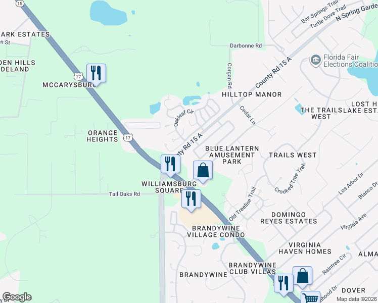 map of restaurants, bars, coffee shops, grocery stores, and more near 4107 Woodland Circle in DeLand