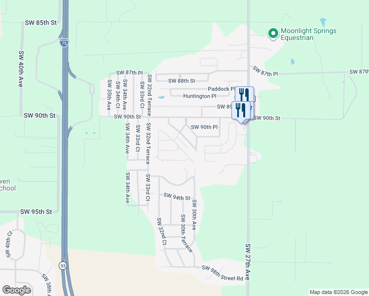 map of restaurants, bars, coffee shops, grocery stores, and more near 9151 Southwest 32nd Avenue Road in Ocala