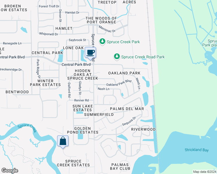 map of restaurants, bars, coffee shops, grocery stores, and more near 486 Oakland Park Blvd in Port Orange