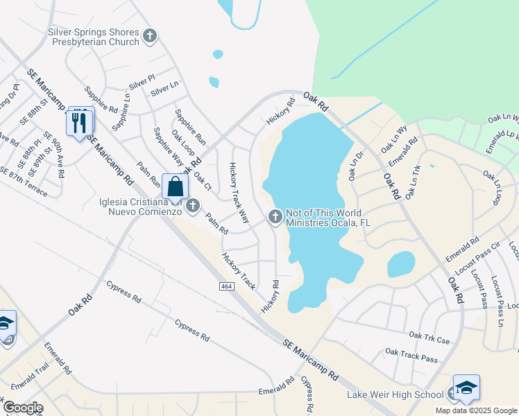 map of restaurants, bars, coffee shops, grocery stores, and more near 1121 Hickory Road in Ocala
