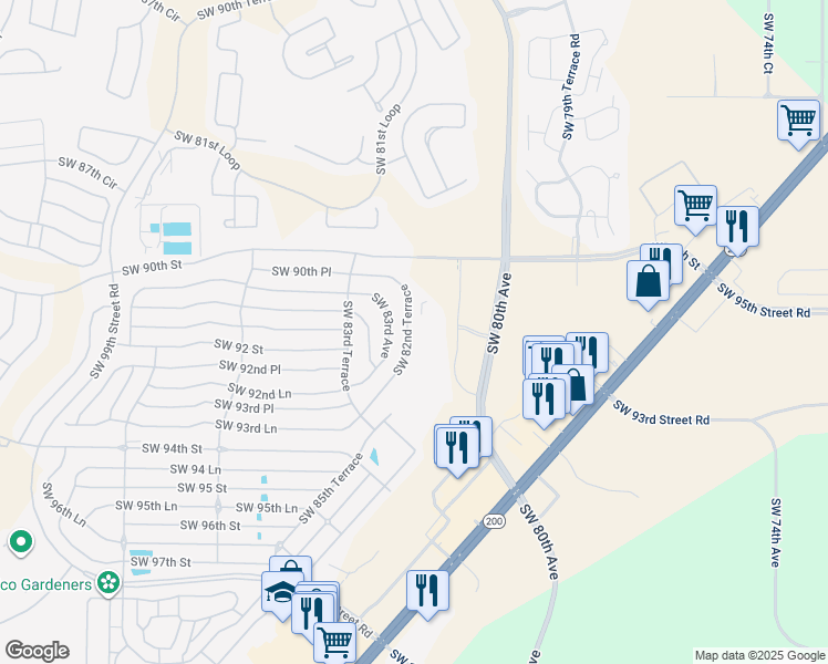 map of restaurants, bars, coffee shops, grocery stores, and more near 9157 Southwest 82nd Terrace in Ocala