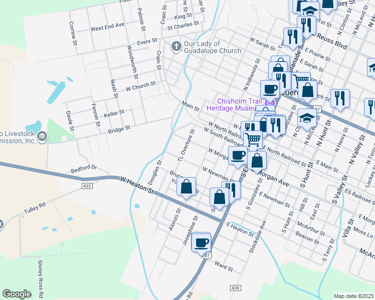 map of restaurants, bars, coffee shops, grocery stores, and more near 29 TL Overture Street in Cuero