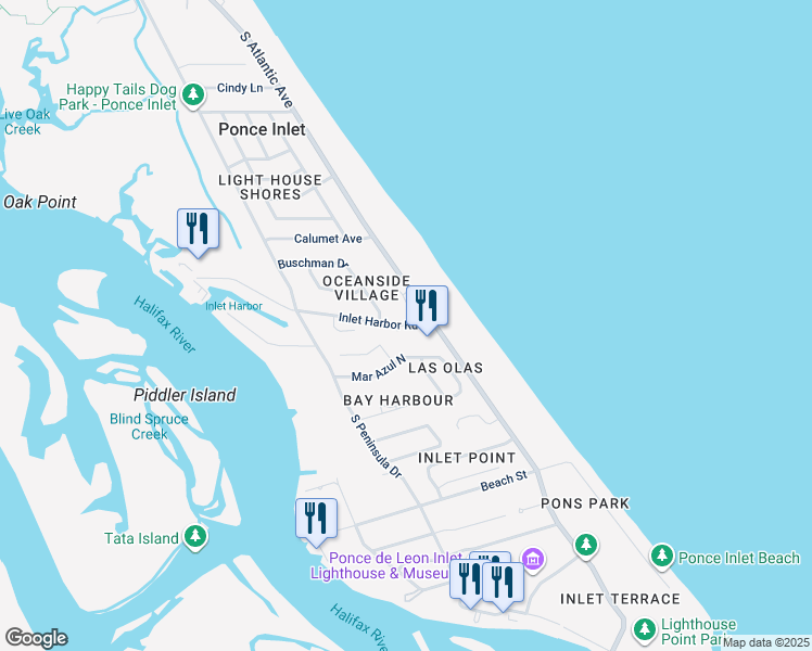 map of restaurants, bars, coffee shops, grocery stores, and more near 35 Inlet Harbor Road in Ponce Inlet