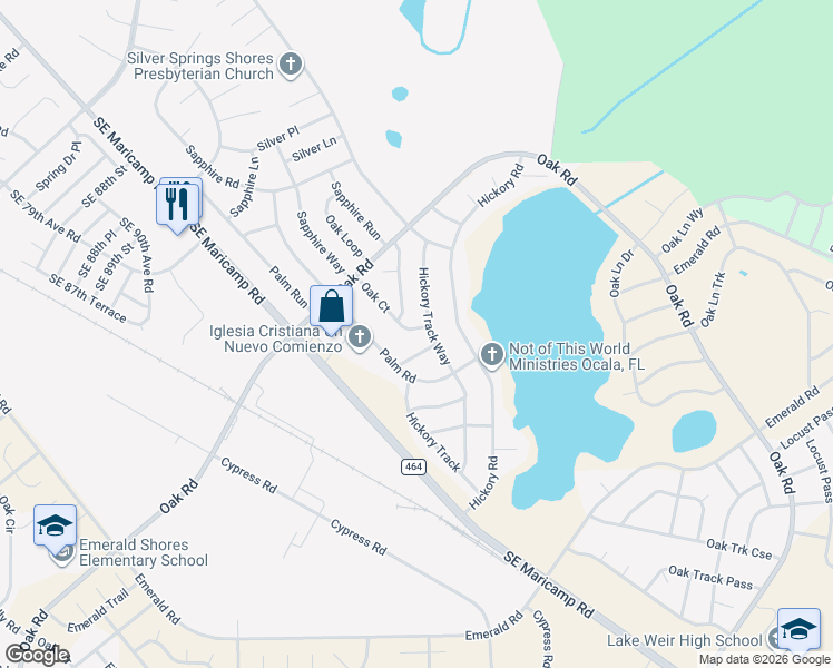 map of restaurants, bars, coffee shops, grocery stores, and more near 4 Oak Court in Ocala