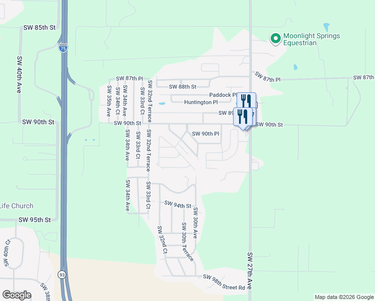 map of restaurants, bars, coffee shops, grocery stores, and more near 9151 Southwest 32nd Avenue Road in Ocala
