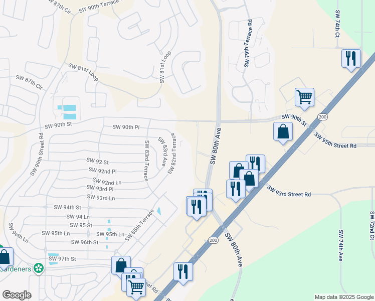 map of restaurants, bars, coffee shops, grocery stores, and more near 9157 Southwest 82nd Terrace in Ocala