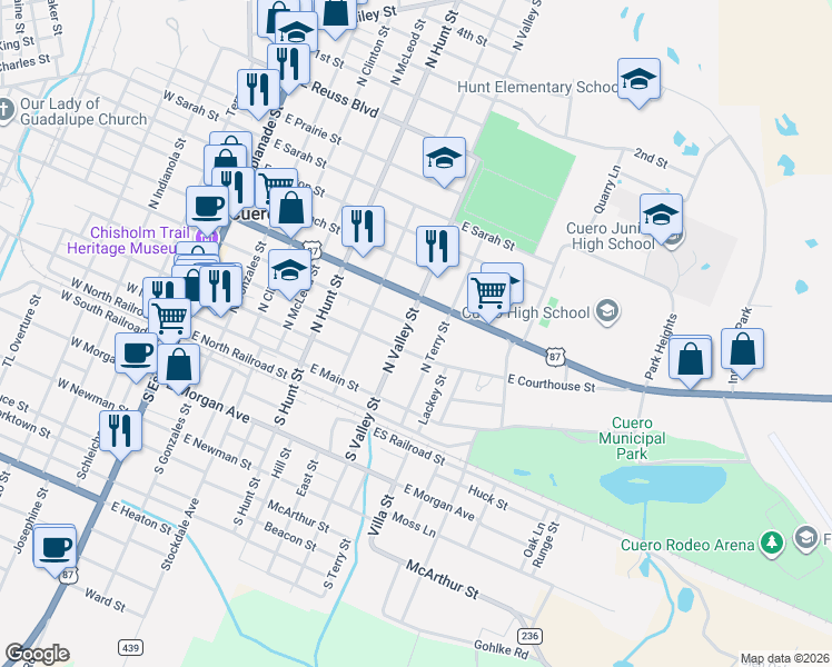 map of restaurants, bars, coffee shops, grocery stores, and more near 402 North Terry Street in Cuero