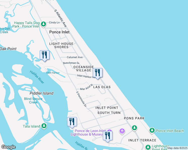 map of restaurants, bars, coffee shops, grocery stores, and more near 30 Inlet Harbor Road in Ponce Inlet