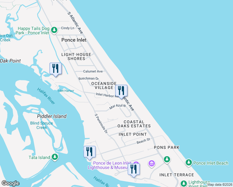 map of restaurants, bars, coffee shops, grocery stores, and more near 35 Inlet Harbor Road in Ponce Inlet