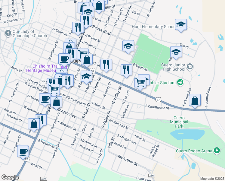 map of restaurants, bars, coffee shops, grocery stores, and more near 702 East Courthouse Street in Cuero