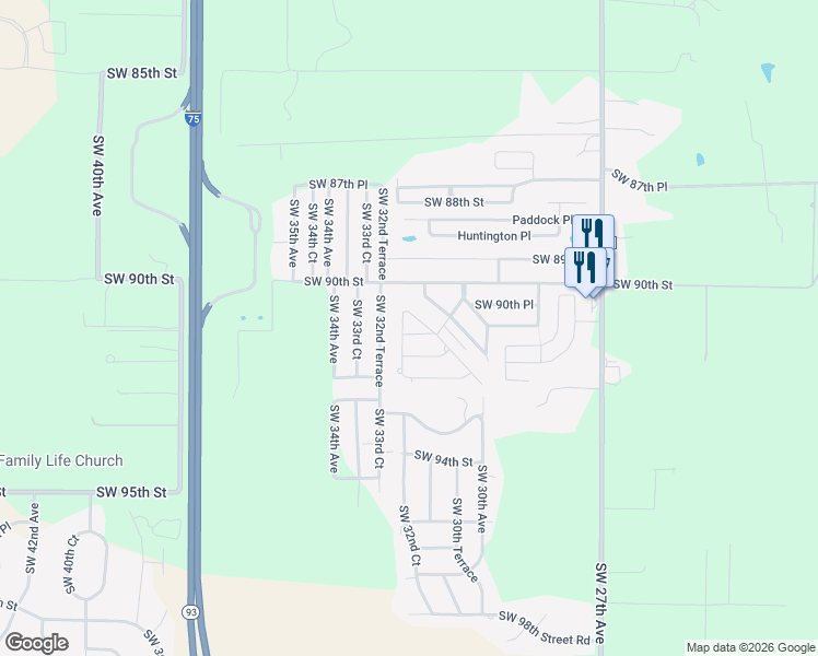 map of restaurants, bars, coffee shops, grocery stores, and more near 3175 Southwest 91st Place in Ocala
