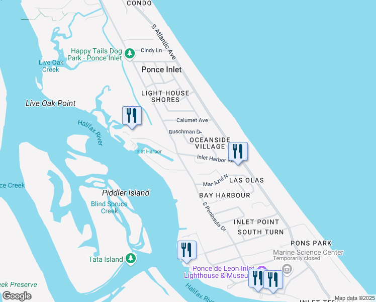map of restaurants, bars, coffee shops, grocery stores, and more near 92 Inlet Harbor Road in Ponce Inlet