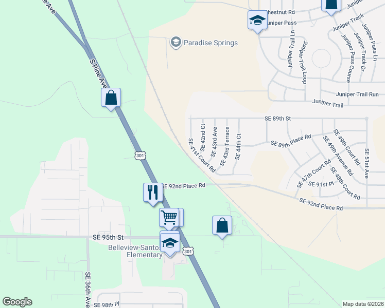 map of restaurants, bars, coffee shops, grocery stores, and more near Southeast 41st Court Road in Ocala