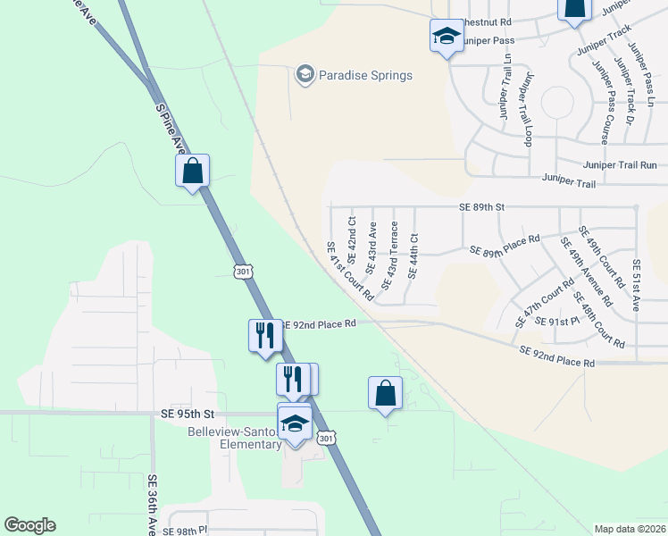 map of restaurants, bars, coffee shops, grocery stores, and more near Southeast 41st Court Road in Ocala