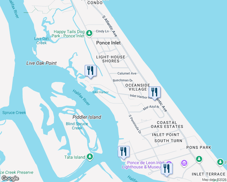map of restaurants, bars, coffee shops, grocery stores, and more near 4784 South Peninsula Drive in Ponce Inlet