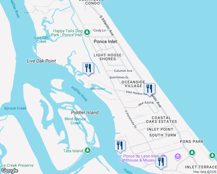 map of restaurants, bars, coffee shops, grocery stores, and more near 4784 South Peninsula Drive in Ponce Inlet